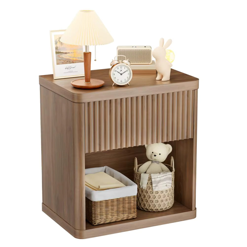 Bedside Table 58cm Fluted Drawer Open Compartment Rounded
