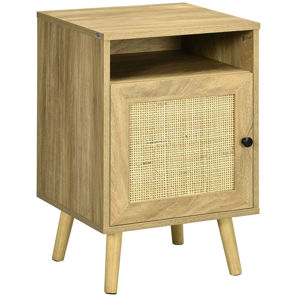 Bedside Table 39cm Rattan Cupboard Open Shelf Natural Wood