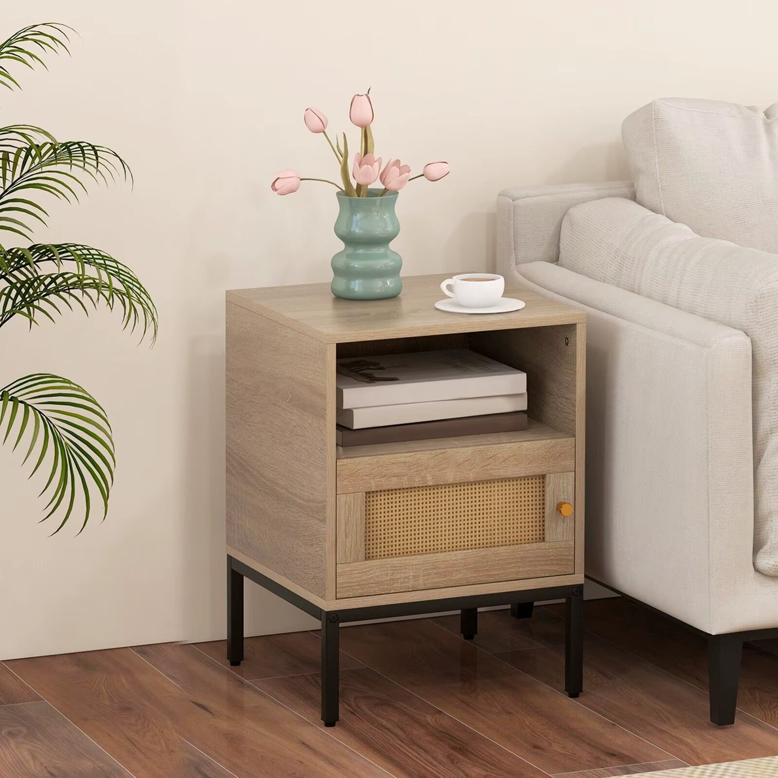 Bedside Table 40cm Rattan Open Shelf Metal Leg Natural