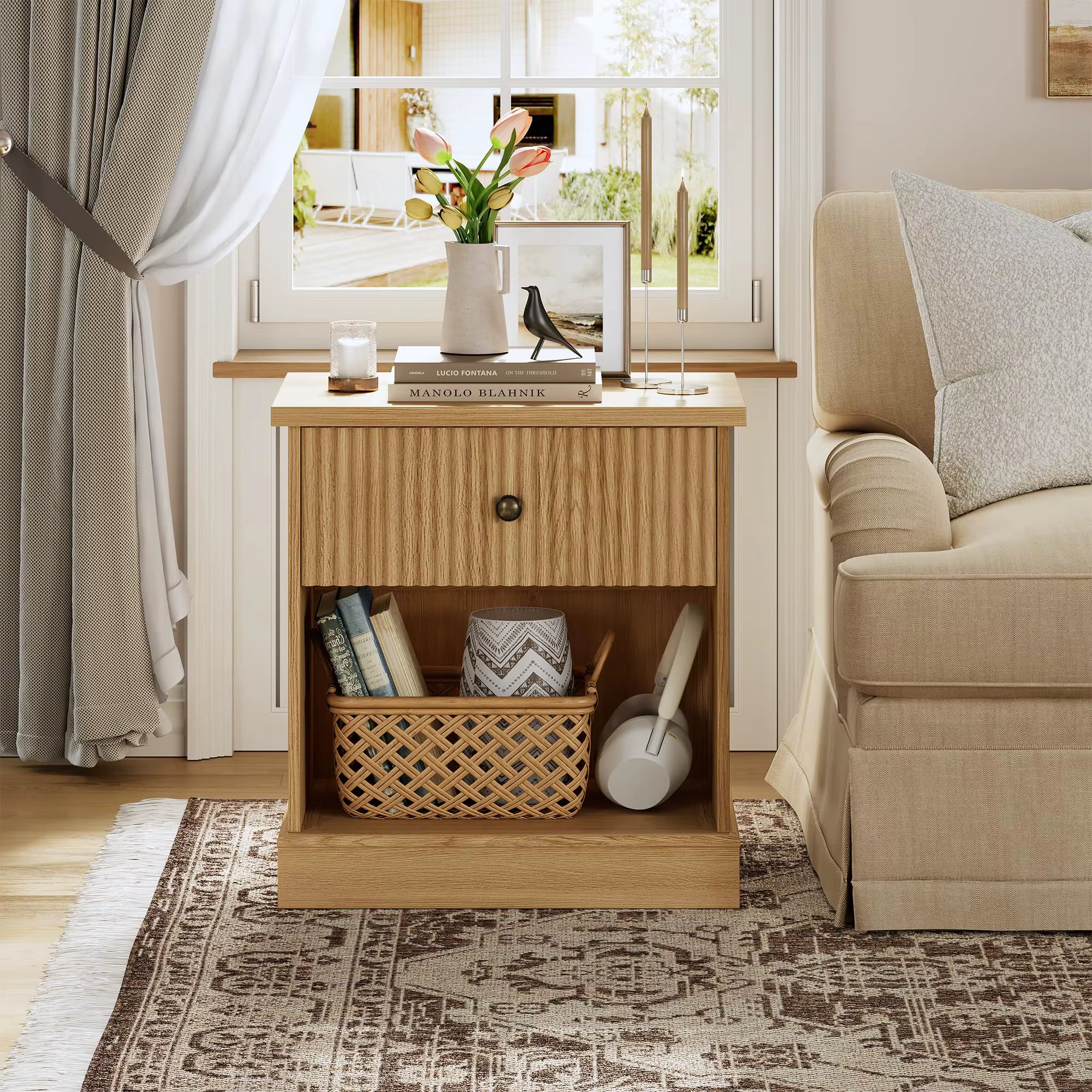 Bedside Table 58cm Fluted Drawer Open Shelf Wood