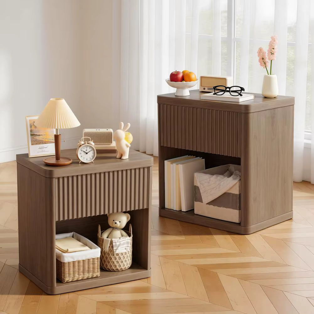 Bedside Table 58cm Fluted Drawer Open Compartment Rounded