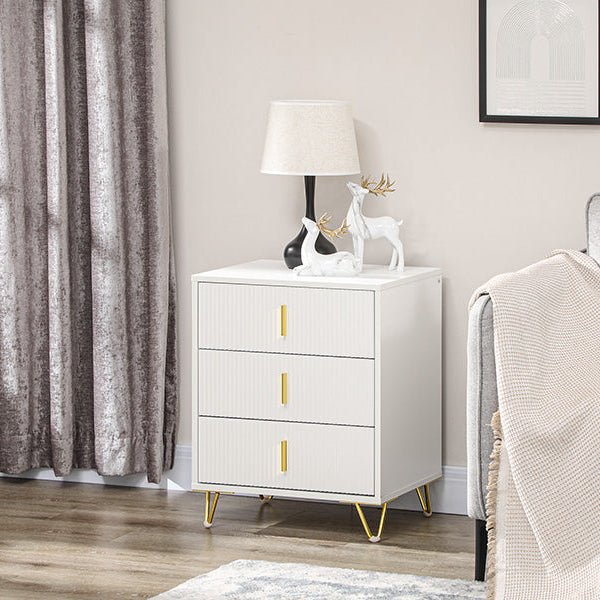 Bedside Table 40cm 3 Drawers Gold Handles White Wooden Metal