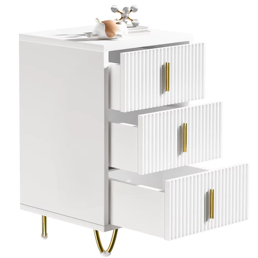Bedside Table 40cm 3 Drawers Gold Handles White Wooden Metal