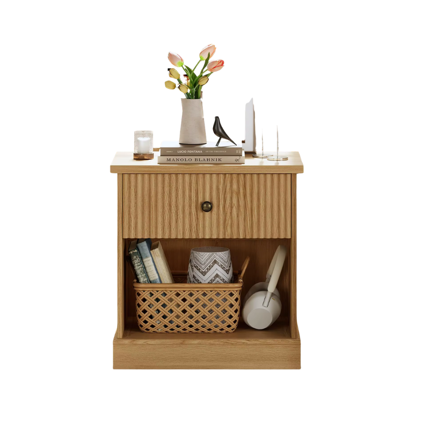 Bedside Table 58cm Fluted Drawer Open Shelf Wood