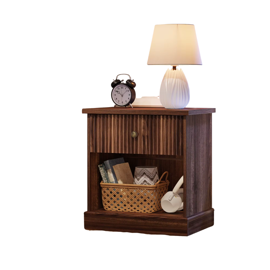 Bedside Table 58cm Fluted Drawer Open Shelf Wood