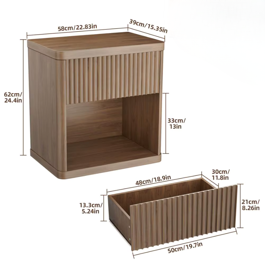 Bedside Table 58cm Fluted Drawer Open Compartment Rounded