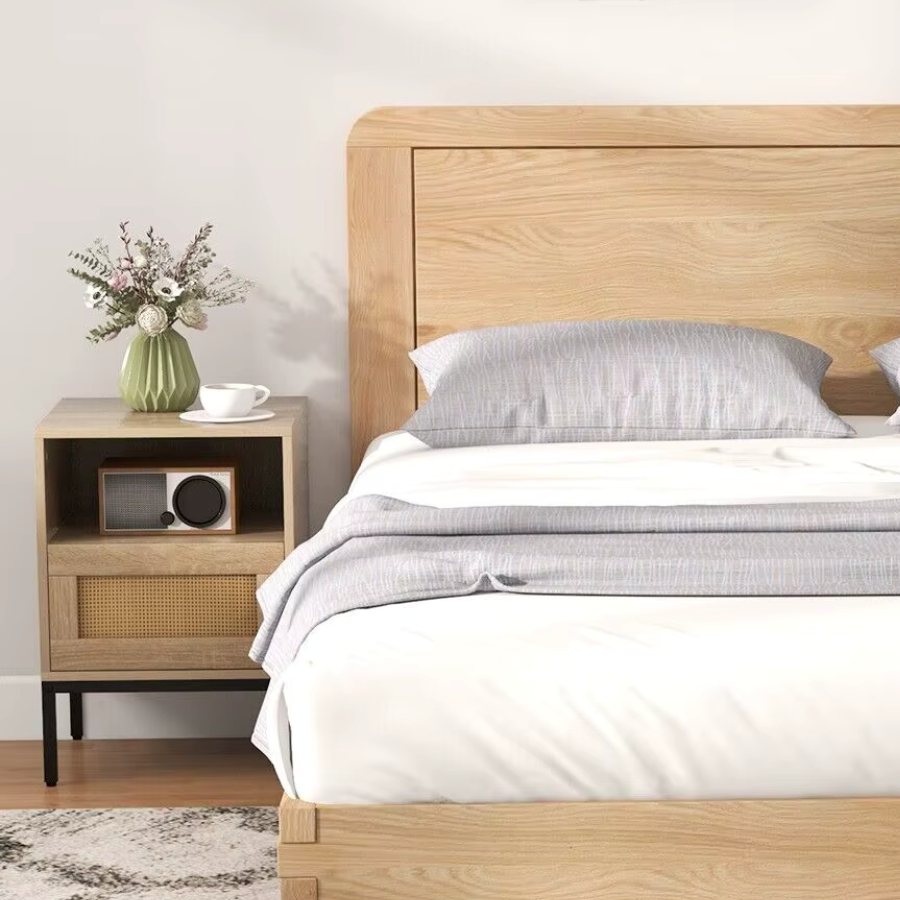 Bedside Table 40cm Rattan Open Shelf Metal Leg Natural
