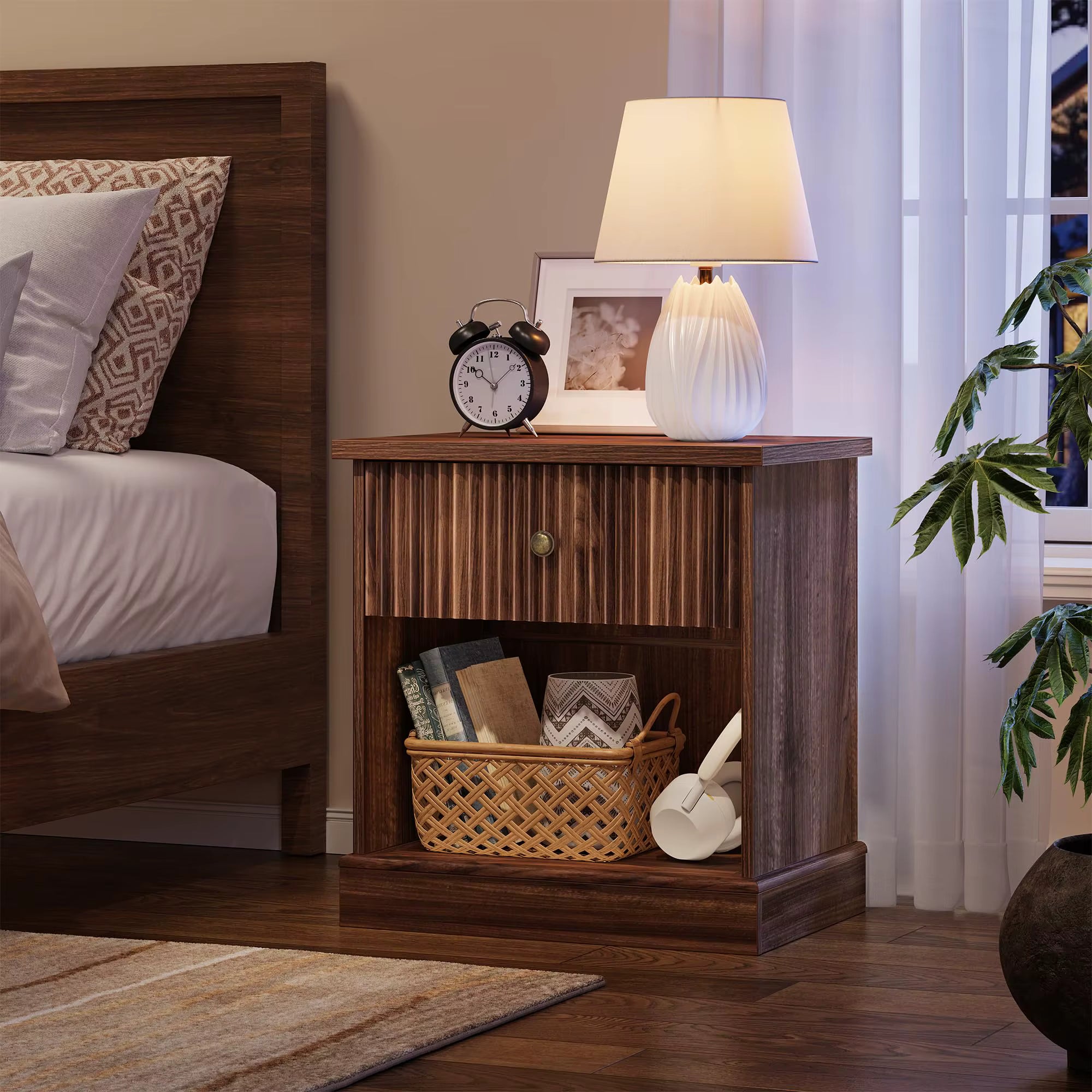 Bedside Table 58cm Fluted Drawer Open Shelf Wood