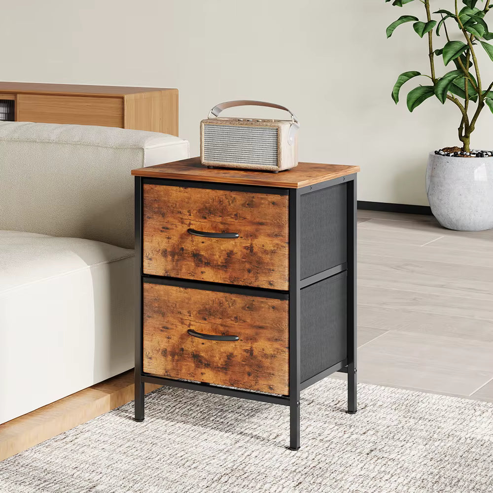 Bedside Table 40cm 2 Fabric Drawers Metal Frame Vintage Brown