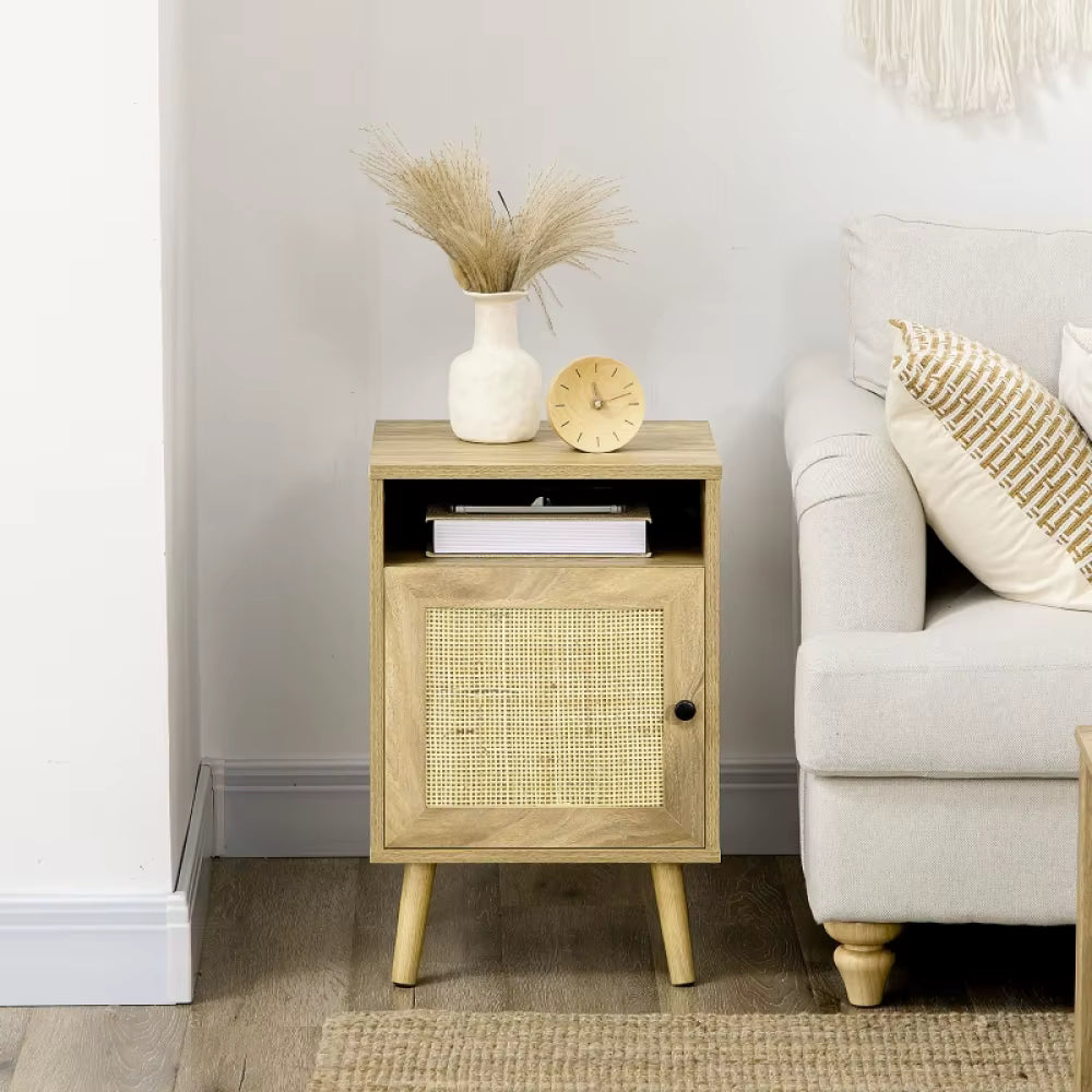 Bedside Table 39cm Rattan Cupboard Open Shelf Natural Wood