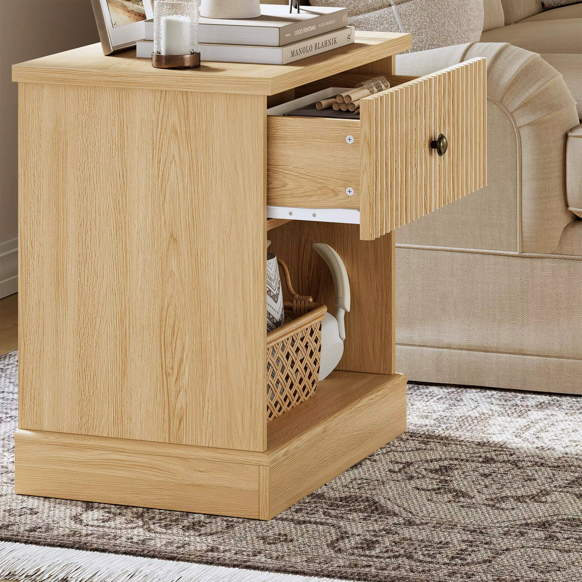 Bedside Table 58cm Fluted Drawer Open Shelf Wood