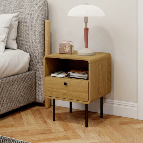 Bedside Table 40cm Drawer Open Shelf Oak Wooden End