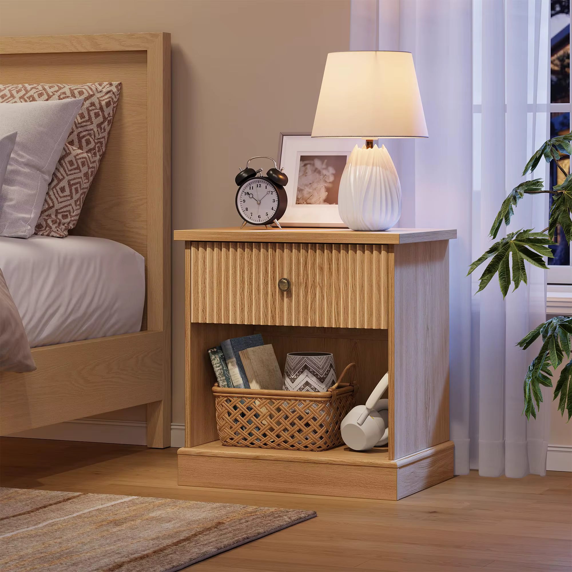Bedside Table 58cm Fluted Drawer Open Shelf Wood