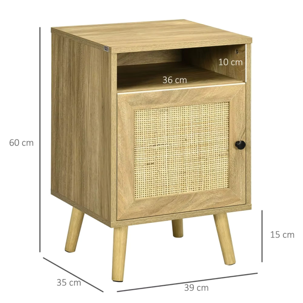 Bedside Table 39cm Rattan Cupboard Open Shelf Natural Wood
