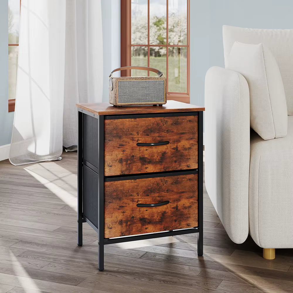 Bedside Table 40cm 2 Fabric Drawers Metal Frame Vintage Brown