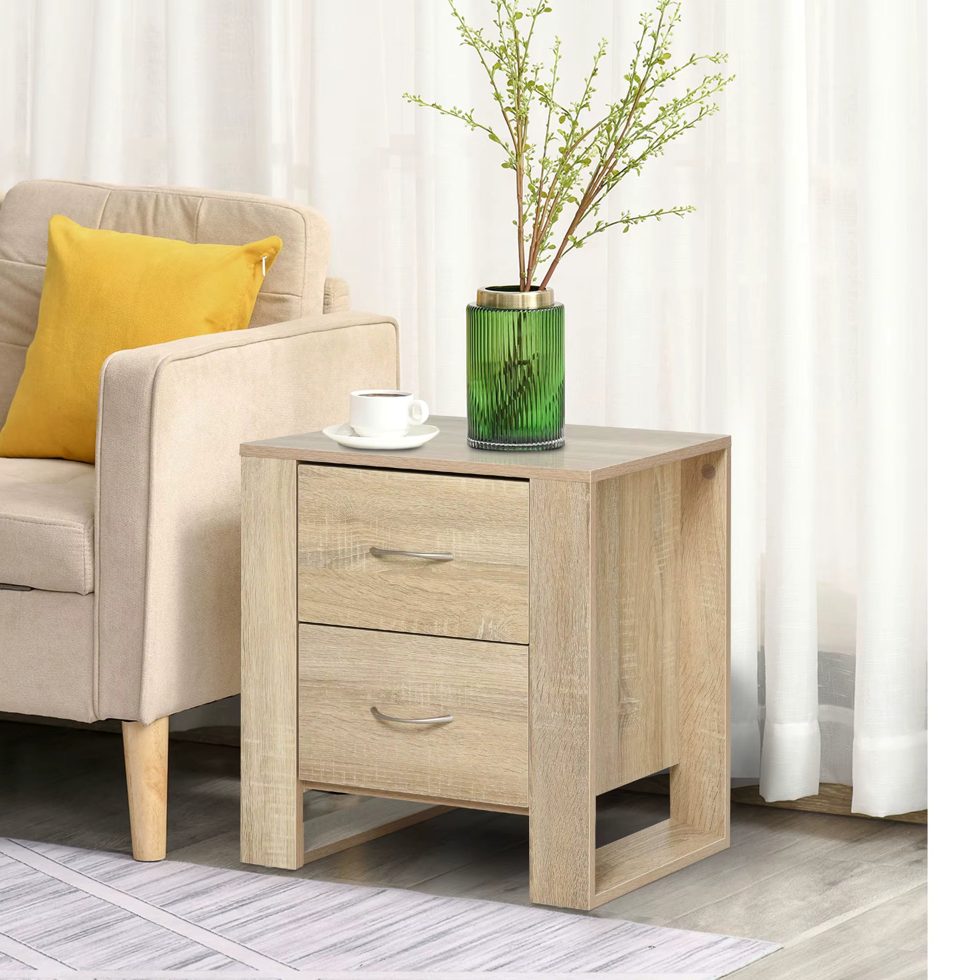 Bedside Table 48cm 2 Drawer Boxy Elevated Base Oak Brown