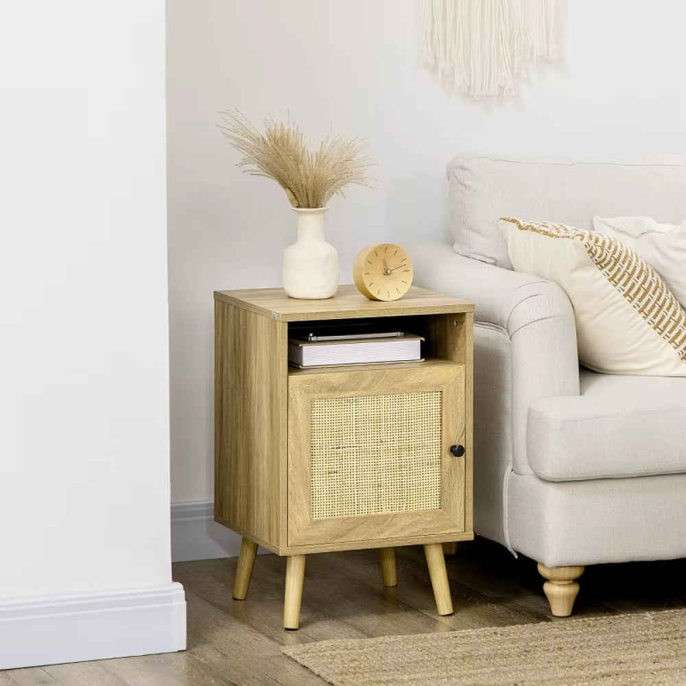 Bedside Table 39cm Rattan Cupboard Open Shelf Natural Wood