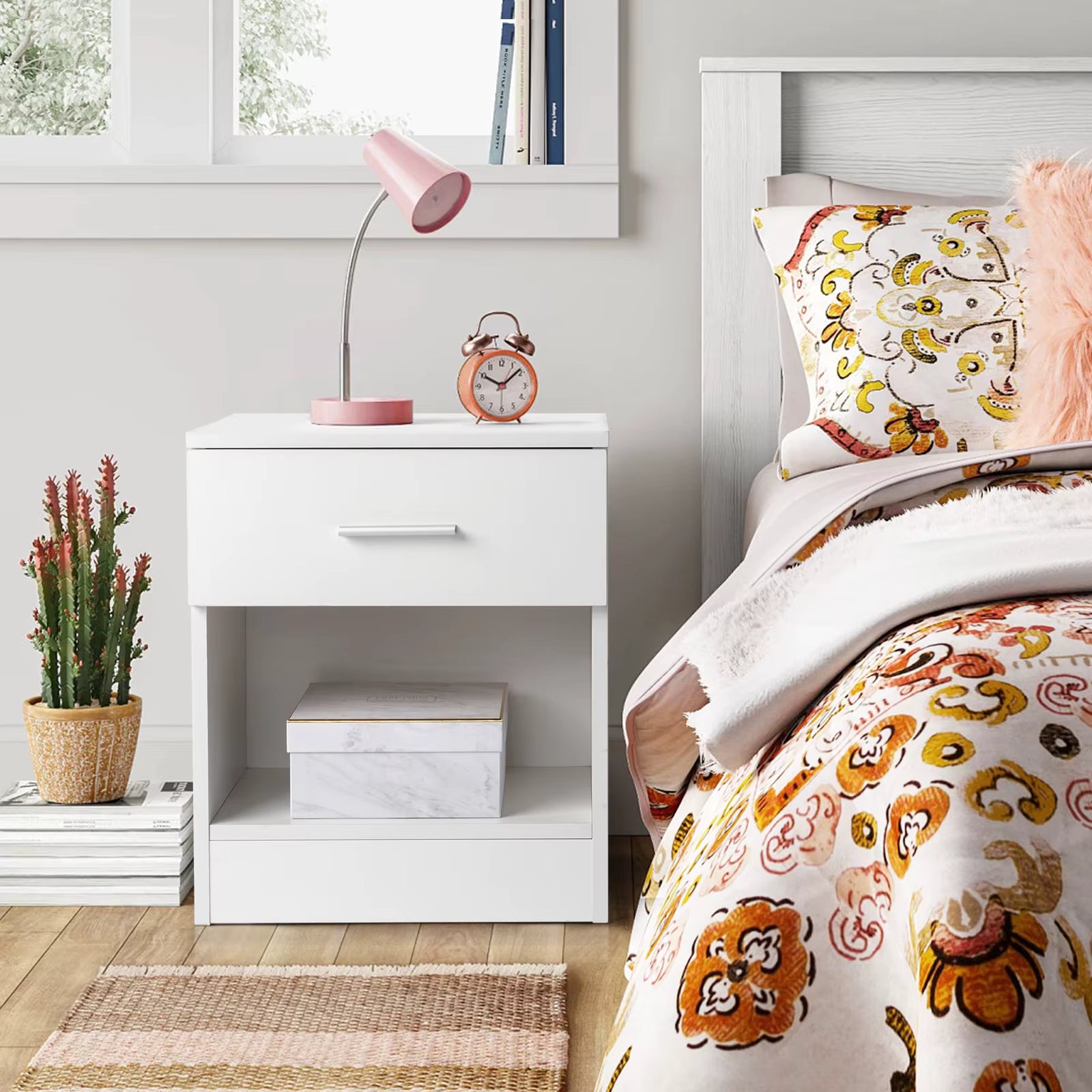 Bedside Table 39cm 2-Tier Drawer Open Shelf White Particleboard