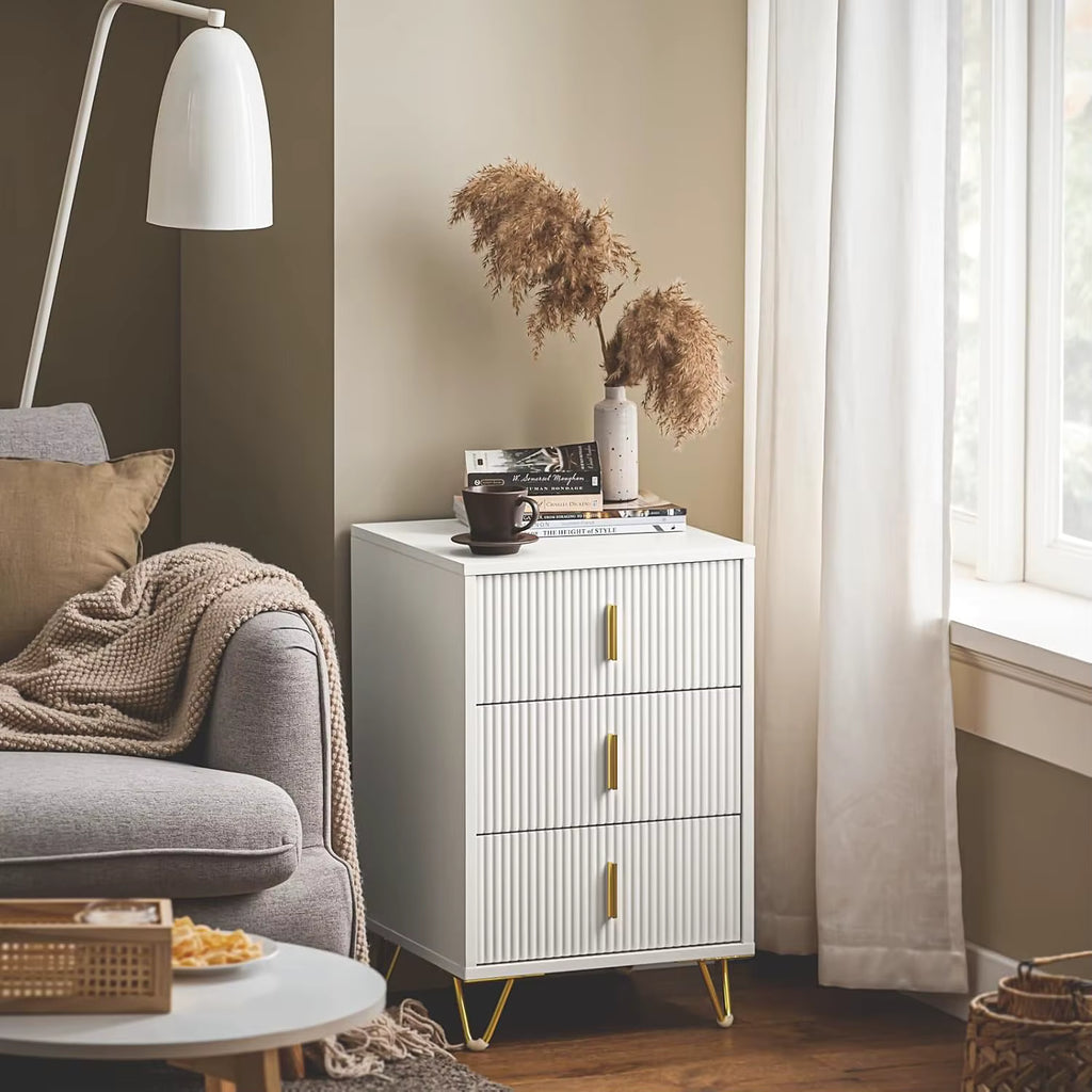 Bedside Table 40cm 3 Drawers Gold Handles White Wooden Metal