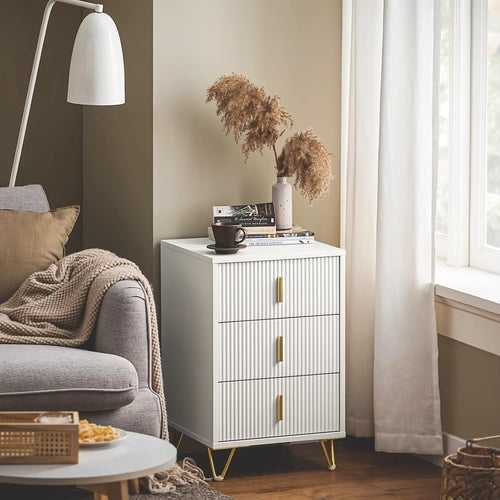 Bedside Table 40cm 3 Drawers Gold Handles White Wooden Metal
