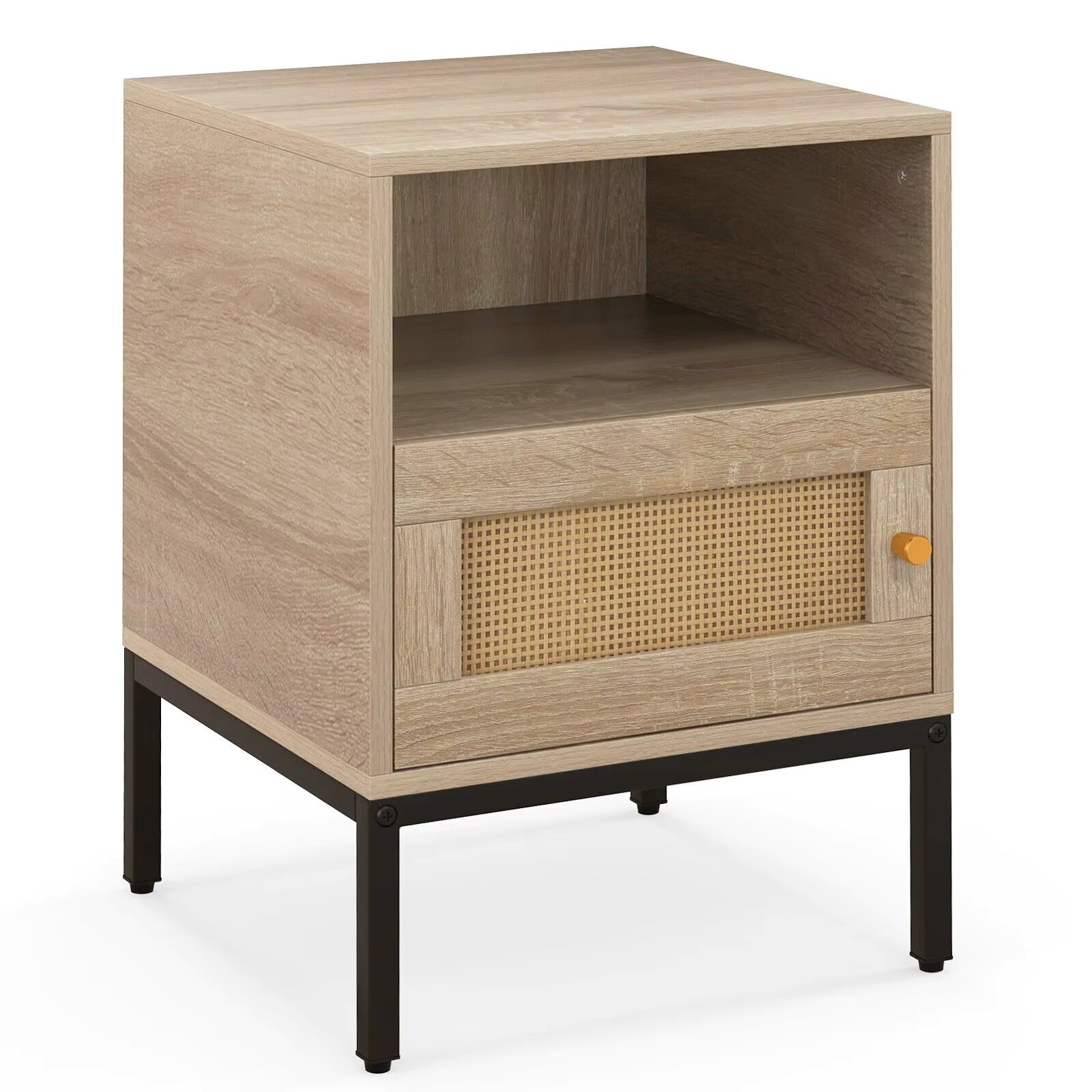 Bedside Table 40cm Rattan Open Shelf Metal Leg Natural
