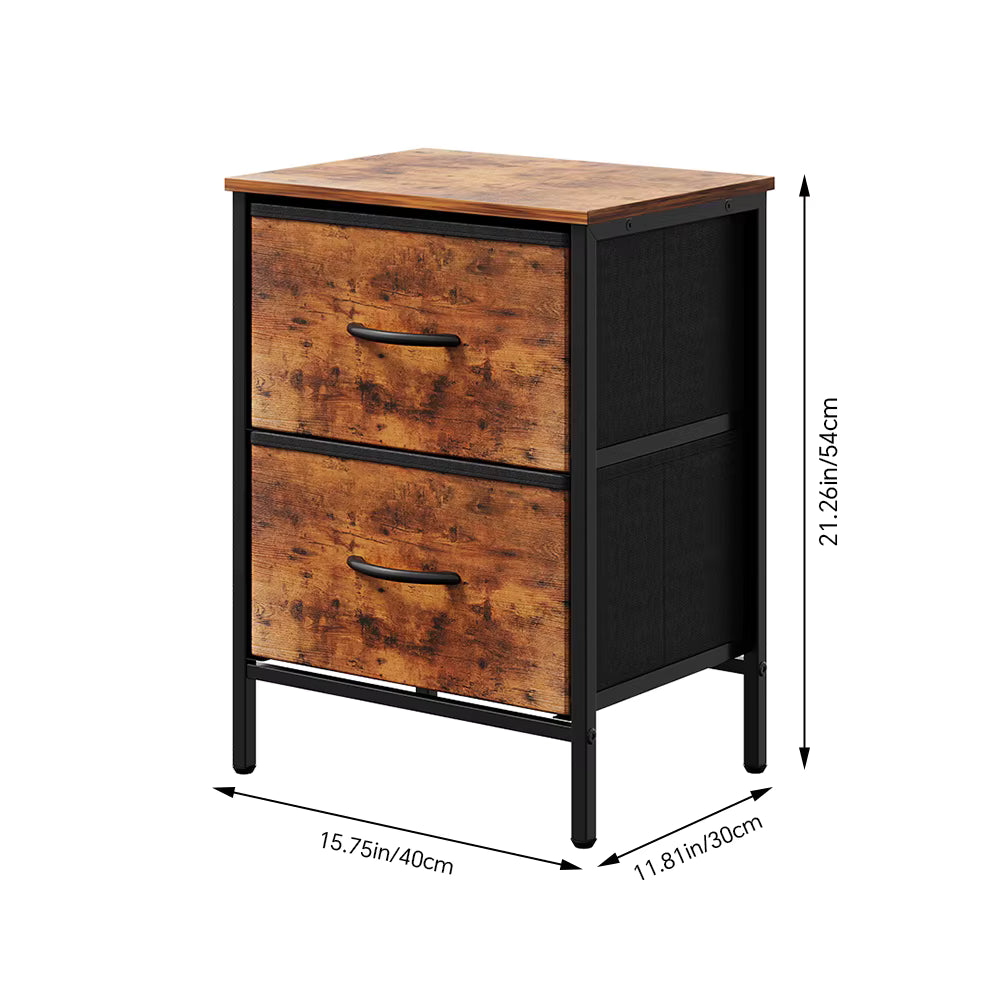 Bedside Table 40cm 2 Fabric Drawers Metal Frame Vintage Brown