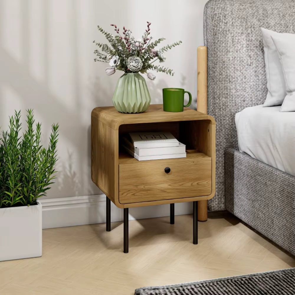 Bedside Table 40cm Drawer Open Shelf Oak Wooden End