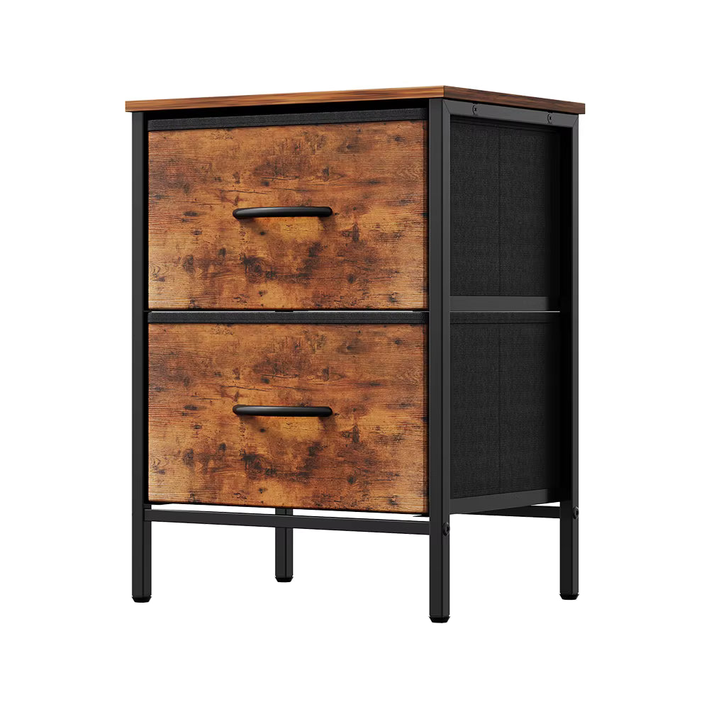 Bedside Table 40cm 2 Fabric Drawers Metal Frame Vintage Brown