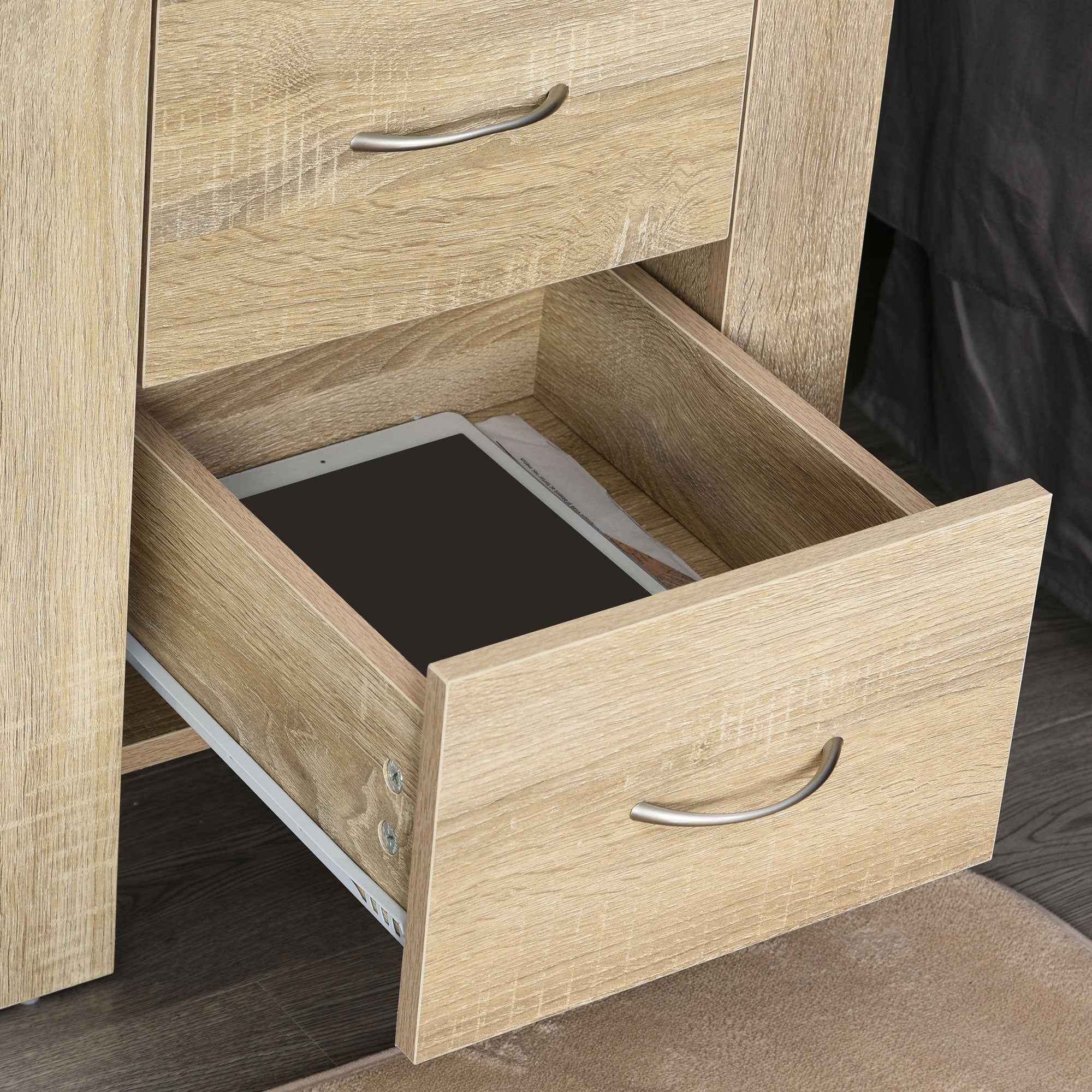Bedside Table 48cm 2 Drawer Boxy Elevated Base Oak Brown